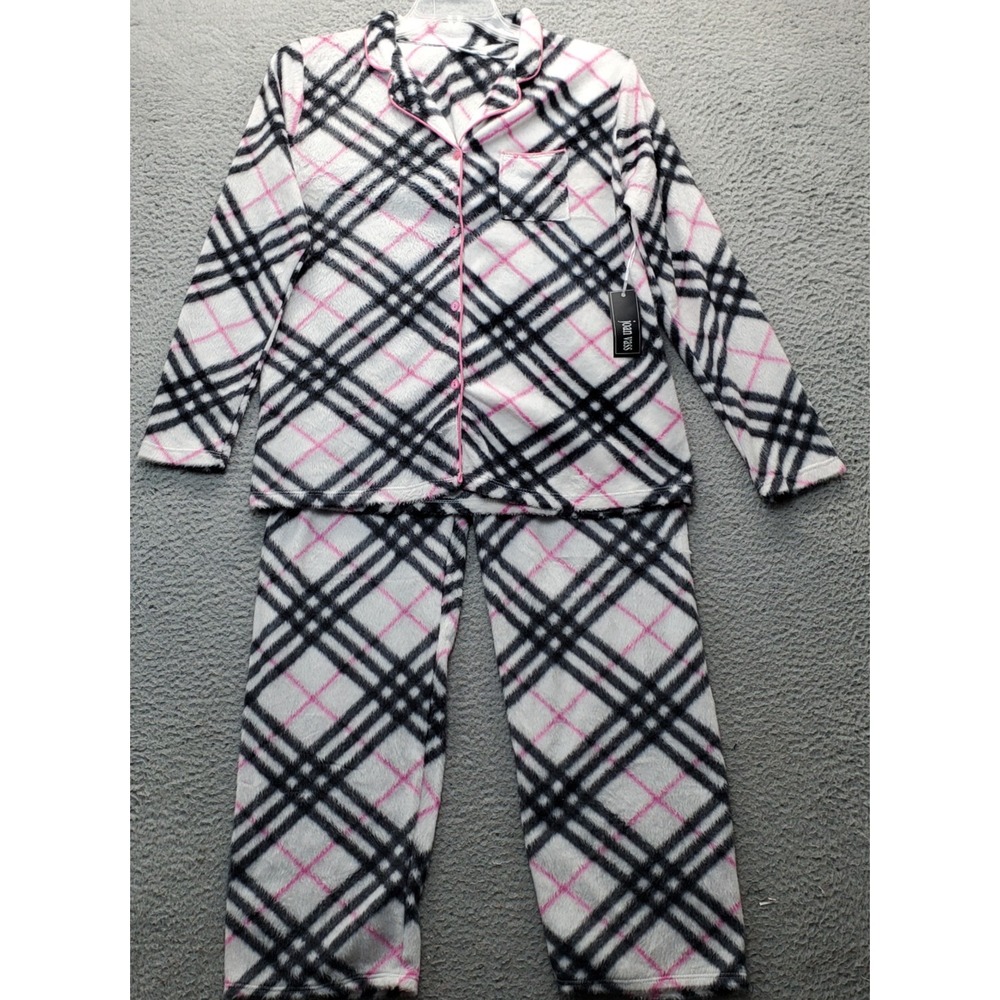 Joan Vass 2 Piece Pajama Set Women's M Multi Plaid Cozy Fleece Peak Lapel Button